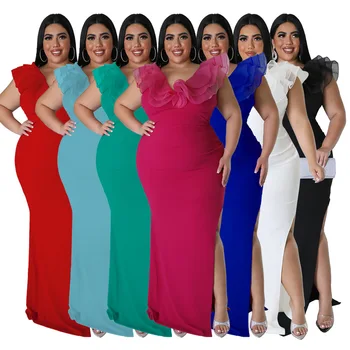 2023 Elegantiškas vakarinę Suknelę Organza Raukiniai Sluoksnio V-Kaklo Pusės Split Kietas Mados Moterys Šalis Maxi Suknelės, Plius Dydis 3XL 4XL