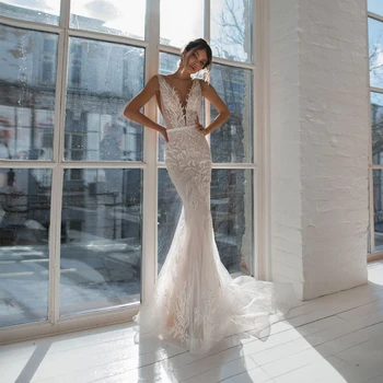 2024 Elegantiškas Nėrinių Aplikacijos V-Kaklo, Rankovių Backless Undinė Vestuvių Suknelės, Klostyti Varčias, vestidos de novia