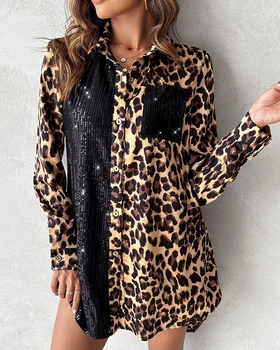 2024 M. Pavasarį, Rudenį, Priešingai China Leopardas Spausdinti Satino Marškinėliai Suknelė Pasukite Žemyn Apykaklės Ilgomis Rankovėmis Atsitiktinis Mini Suknelė Moterų Ropa