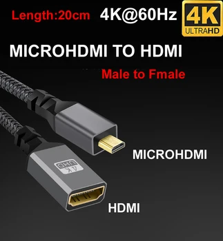 20CM Nailono Nerijos 4K@60HZ V2.0 MicroHDMI MICRO HDMI Male Tiesiai Į HDMI Fmale ilgiklis Kamerų HDTV Monitorius