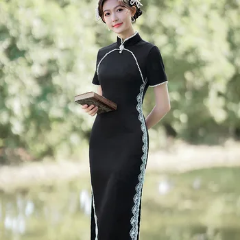 3 Spalvų Kinų Stiliaus Cheongsam Mamos Suknelė Moterims, Elegantiška, Tradicinių Nėrinių Vakaro Suknelės Plius Dydžio Ilgas Qipao S Iki 3XL