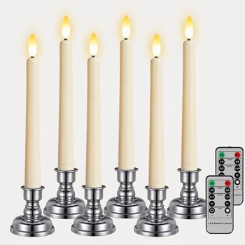 6 VNT. LED Siaurėjantys Žvakė Su Sidabro Žvakidė 2 Laikina Nuotolinio baterijomis, Langų, Žvakės, Namų Dekoracijas Stalo Žvakės