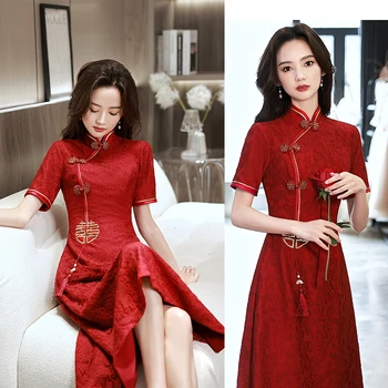 A-Line Cheongsam Moterų Bordo Qipao Senovinių Kinų Stiliaus Suknelė Su Sexy Nėrinių Gėlių Vestidos Ilgai Nuotaka Pokylių Padažu Suknelė