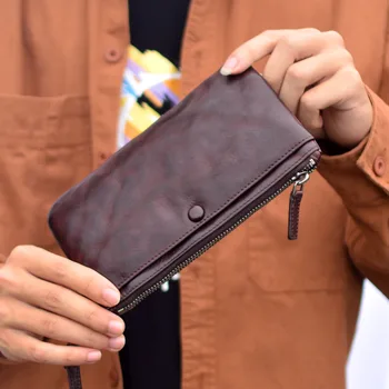 AETOO Verslo vyriškos piniginės Ilgas užtrauktukas odos laikymo krepšys, kortelė, maišelis Multi-funkcija didelės talpos rankinis vyriškos piniginės