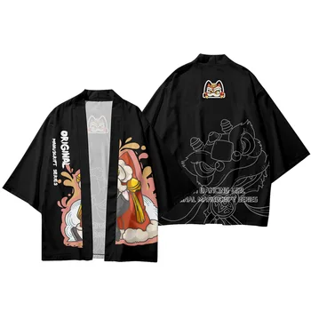 Animacinių Filmų Lion Dance Mergina Spausdinti Pora Vyrų, Moterų Juodas Megztinis Kimono Yukata Streetwear Tradicinių Azijos Drabužių