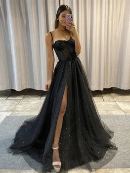 Blizgios Juodos spalvos Blizgantis Prom Dresses Brangioji Korsetas Šalis Suknelės 3D Gėlės Spagečiai Dirželiai Ilgai Vakare Chalatai Pusėje Ritininės