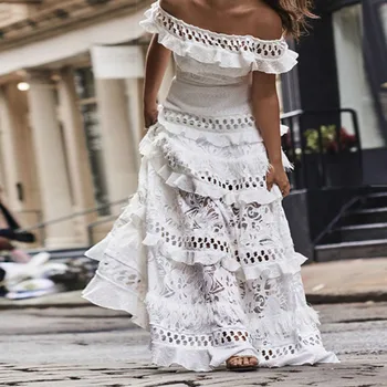 Derliaus Elegantiškas Moterų Ilga Suknelė Baltos spalvos Nėrinių Suknelė Off Peties Lotus Lapų Tuščiaviduriai Vasaros Šviesą grąžinantys Šalis Didelis Laisvas Sūpynės Suknelės
