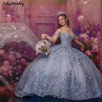 Dulkių Mėlyna Quinceanera Suknelės Su Atsiskyrusiu Žaliojo Drugelis 3D Gėlių Nėrinių Kristalų Princesė Saldus 15 Suknelė Prom Chalatai