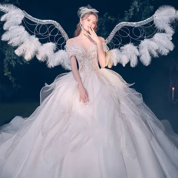 Elegantiškas Naujas Prabangus Vestuvių Suknelės, Puošnios Aplikacijos Teismas Traukinio Off Peties Blizga Elegantiškas Princessl Nuotakos Suknelė Valtis Kaklo 2023