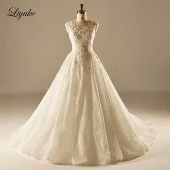 Elegantiškas, Tiulis O-Kaklo-Line Wedding Dress Satino Gražus Appliques Nėrinių Mygtukus Atgal Nuotakos Suknelė Vestido De Noiva Liyuke