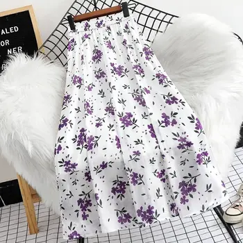 Gėlių šifono sijonas moterims vasaros aukšto juosmens spausdinimo 2023 temperamentas padengti didelius sūpynės skėtis sijonas-line ilgas sijonas moteris
