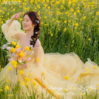 Hoepoly Geltona Oficialus Vestuvės Dress Off Peties Sluoksniuotos Rankovėmis Prom Drabužiai, Vakaro Suknelės, Specialių Renginių