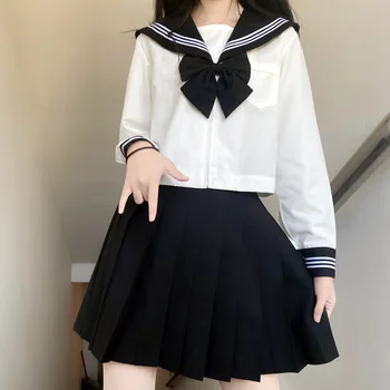 Japonijos Mokyklinę Uniformą Merginos Plius Dydis Jk Kostiumas Juodas Kaklaraištis Baltas Trijų Pagrindinių Sailor Vienodą Moterų Kostiumas Ilgomis Rankovėmis