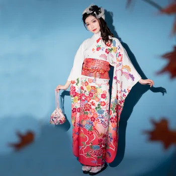 Japonijos Tradicinių Kimono, Oficialų Kostiumą, Gėlių, ilgomis Rankovėmis, su Diržu Suknelė 160cm Ilgis, Raudona ir Balta,Poliesteris