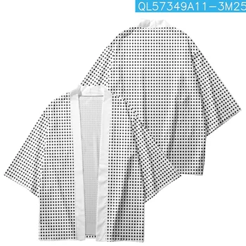 Japonų Tradicinės Juodos Polka Dot Spausdinti Baltas Megztinis Streetwear Moterys Vyrai Kimono Haori Yukata Drabužiai