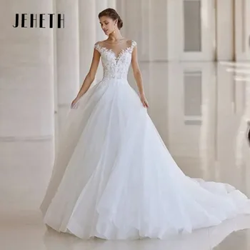 JEHETH Elegantiškas-Line Vestuvių Suknelės Moterims, O-Kaklo Nėrinių Aplikacijos Bžūp Rankovėmis Nuotakos Suknelė Elegantiškas-LINE Princesė Suknelė