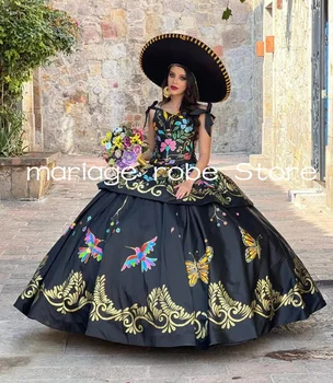Juoda Meksikos Charro Quinceanera Suknelės Gėlių Siuvinėjimas Prabanga vestido de 15 quinceañeras Korsetas Įžymybė treintaeñera