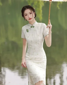 Kinijos Patobulino Retro Vintage Trumpas Rankovės Cheongsam Elegantiškas Plonas Lino Qipao Tradiciniai Drabužiai Moterims
