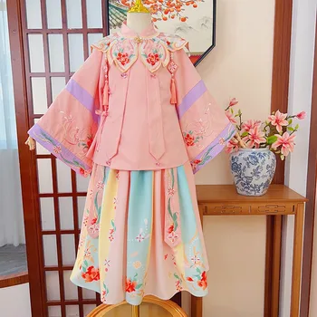 Kinijos Vaikai Siuvinėjimo Hanfu Suknelė Gražių Mergaičių, Ilgomis Rankovėmis Suknelės Tradicinio Folkloro Stiliaus Šokių Atlikti Cosplay Kostiumai