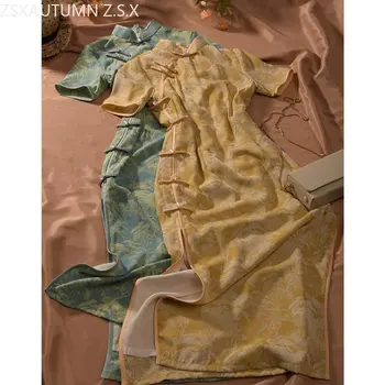 Kinų Suknelė Žalia Mados Qipao Moterų 2023 Vasaros Naują Trumpas Rankovės Ilgos Šiuolaikinės Pagerinti Derliaus Geltonos Saldžiosios Eleganti Cheongsam