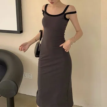 Korėjos Kontrasto Spalvų Kratinys Atsitiktinis Suspender Suknelė Naują High Street Seksualus Backless Slim Vidutinio ilgio Suknelė Moterims 2023
