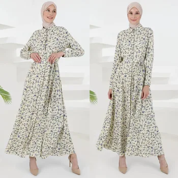 Moterų Atsitiktinis Musulmonų Suknelė Ilgomis Rankovėmis Atspausdintas Gėlių Derliaus Dubajus Turkija Abaja Suknelė, Hijab Nėrinių Skraiste Islamo Apranga