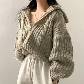 Moterų Rudens Žiemos Tirštėti Twist susagstomi megztiniai Megztiniai Zip-Up Atvartas Apykaklė Megzti Paltai Outerwears Atsitiktinis Viršūnes 2023
