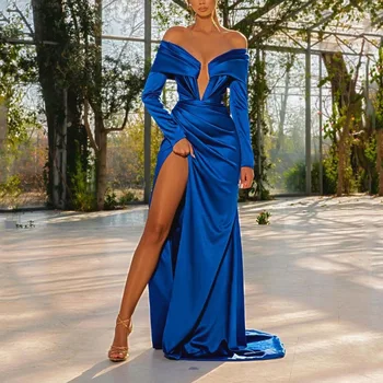 Naujas Vestuves Chalatai Šilko 2024 Undinė Royal Blue Keltas Suknelės Ilgomis Rankovėmis Satino Pusėje Ritininės Moterų Oficialų Vakarinę Suknelę