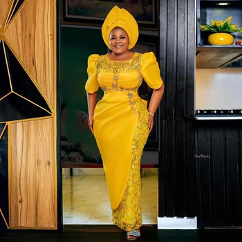 Nigerijos Aukso Geltonos Oficialų Prom Dresses Moterų Ilgos Puošnios Nėrinių Afrikos Vestuves Suknelė Plius Dydis Asoebi Vakaro Suknelės