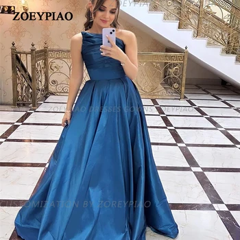 Paprasta-Line Homecoming Suknelės Tamsiai Mėlyna Satino Prom Šalis Suknelė Elegantiška Berankovė Arabų Užsakymą Kokteilių Suknelė Vestidos