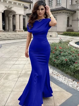 Paprasta Royal Mėlyna Satino Vakaro Suknelė Undinė O-Kaklo, Rankovių Šalies Prom Chalatai Plisuotos Moterų 2024 Vestidos De Fiesta