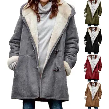 Populiariausių Žiemos Paltas Skalbti Moterų Fuzzy Striukė Ragų Mygtukai Prarasti Vieną Krūtinėmis Paltas Streetwear