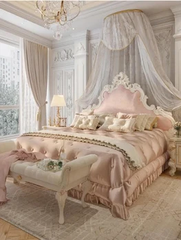 Prancūzijos šviesos prabanga ranka raižyti kietos medienos lova Svajonių Princesė dvigulė lova, minkštas karalienės lova Princesė