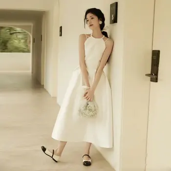 Prancūzų Stiliaus Apynasrio Satino Vestuvių Suknelė Moterims Lankas Apdailos Zippper-line Homecoming Suknelės Elegantiškas Paprasta Promenadzie Suknelė