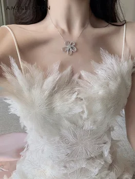 Prancūzų Stiliaus Balta Plunksna Nėrinių Gėlių Elegantiškas, Grakštus Suspender Suknelė Moterims Tuščiaviduriai Iš Sexy Slim Fit Šifono Mini Suknelės