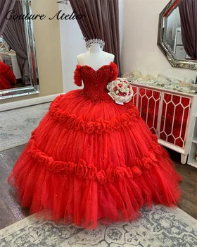 Raudona Off Peties Kamuolys Suknelė Quinceanera Suknelės Saldus 16 Princesė Nėrinių 3D Gėlių Karoliukai Prom Chalatai Vestido De 15 Anos 2024