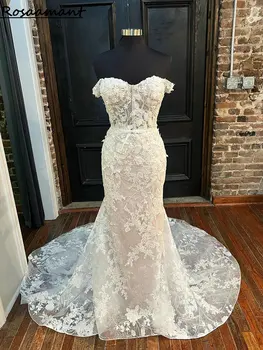Realus Vaizdas 3D Gėlių Nėrinių Undinė Vestuvių Suknelės nuo Peties Iliuzija Šalies Vestuvinės Suknelės