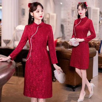 Retro Klasikinis Kinų Tradicinė Mama Raudona Cheongsam Šalies Drabužių Azijos Šiuolaikinės Patobulintos ilgomis Rankovėmis Suknelės Moterims