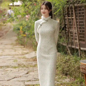 Rudenį, Žiemą Sustorėjimas Fluffy Antkaklis Pagerinti Tradicinės Cheongsam Moteris Senovės Retro Kinų Suknelė Vakare Žalia Qipao