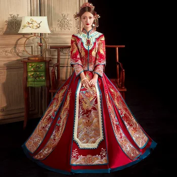 Siuvinėjimo Phoenix Nuotaka Kostiumas Taurę Drabužių Elegantiškas Vestuvių Suknelė Vintage Tradicinės Kinų Moterų Santuokos Rinkinys
