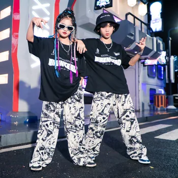 Vaikas Šiuolaikinių Šokių Drabužius Hip-Hop Kostiumas Juodos spalvos Marškinėliai Dažai dažymo Kelnes Kpop Paauglių Berniukas Mergaitė Gatvės Šokių Drabužių Etapo Komplektus