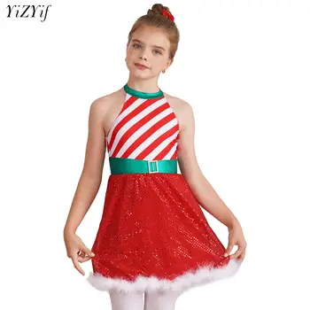 Vaikų Mergaičių Blizga Kalėdų Santa Apynasrio Suknelė Be Rankovių Backless Baleto Dryžuotas Plunksnų Apdaila Suknelė Išgalvotas Naujųjų Metų Šaliai Kostiumas