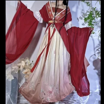 VANDENS Hanfu Moterų Tradicinę Kinų Stiliaus Suknelės Cosplay Raudona Spausdinti Ilgas Sijonas 5 dalių Komplektas Dailių Merginų Šalis Sijonas Nustatyti Naujas