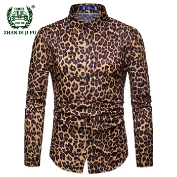 Vyrai Leopardas Spausdinti Marškinėliai Aukštos Kokybės Ilgomis Rankovėmis Marškinėliai Socialinės Vyras Atsitiktinis Šalies Klubą Suknelė Marškinėliai Chemise Homme Vyrų Drabužiai.